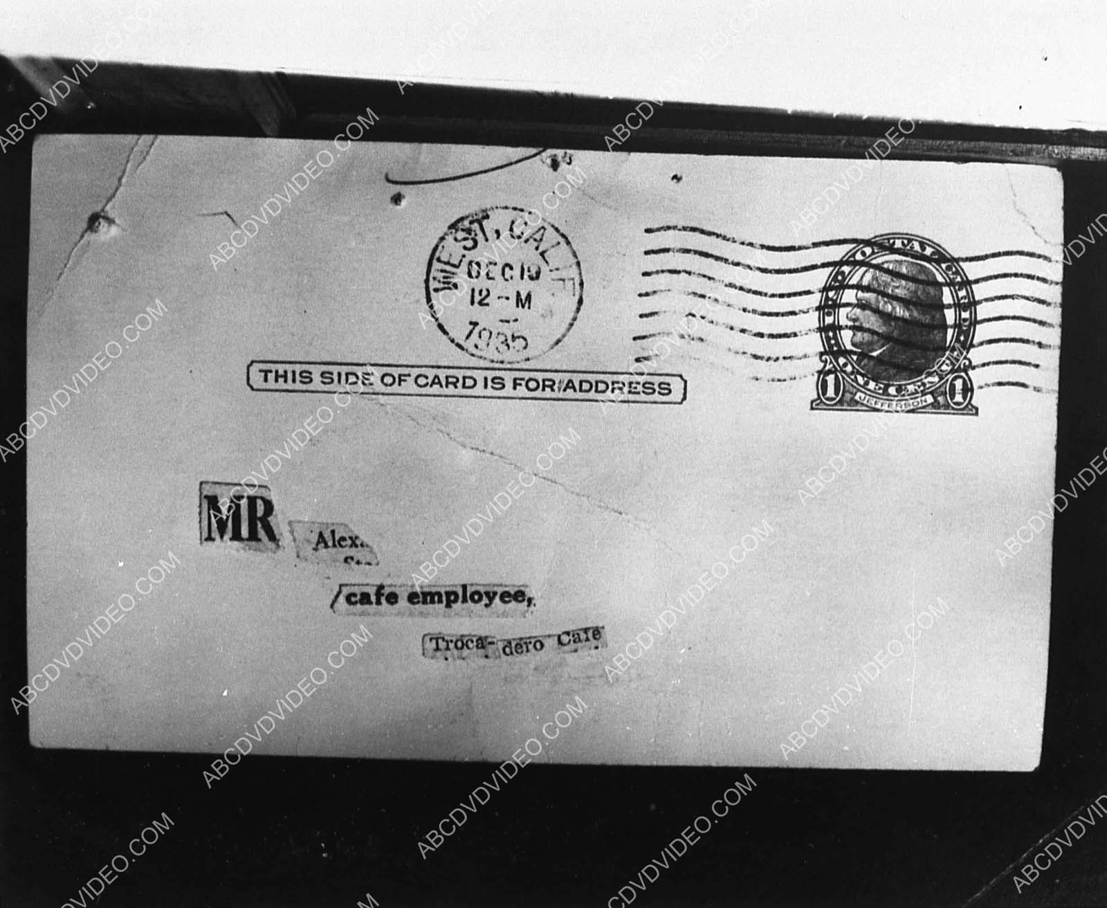 postcard sent to Mr Alex café employee Trocadero on news of Thelma Todd death 1145-37