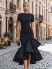 Evening Foraml Gown Avant-Garde Black Short-Sleeve Tiered Ruffle Midi Dress