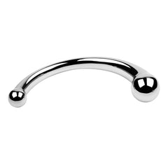 A curved metal G & P spot massager with differing sized bulbous ends lays on a white background