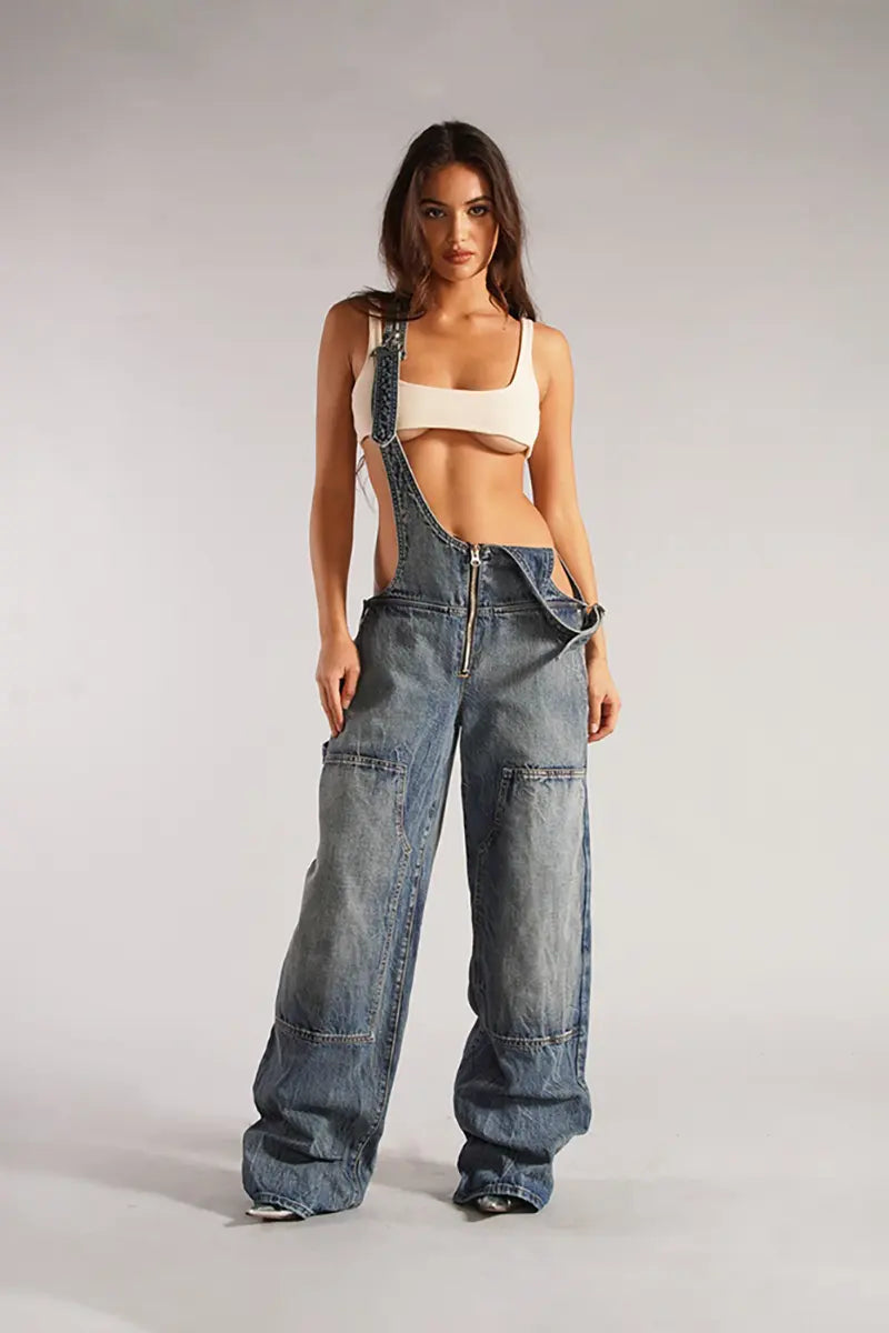 Zipper Strap Denim Jumpsuit