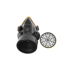 Mascarilla respirador negra y amarilla, con filtro de carbón activado desmontado para protección respiratoria