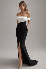 Elegant Off the Shoulder Black White Formal Dress with Slit