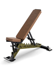 Adjustable Raptor Weight Bench by ATLETICA with high-quality braunem leather cover and Military Green frame in the side profile
