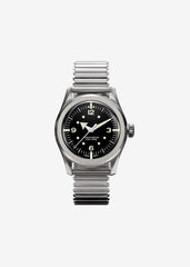 Montre SERICA 6190 Denali 3h automatique. Gros plan du boîtier acier et cadran noir émaillé.