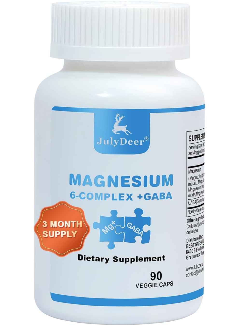Complejo de Magnesio (Magnesium Complex), JulyDeer, 6 tipos de magnesio + GABA, Glicinato, Malato, Citrato, Taurine, L-treonato, y Óxido de magnesio, 90 cápsulas