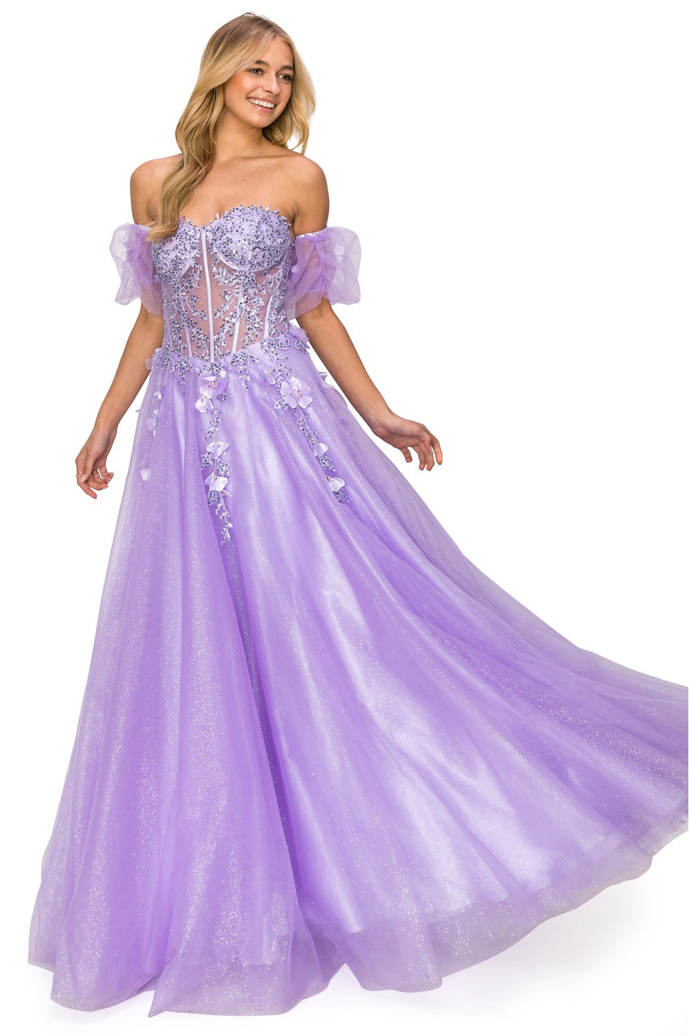 Sequin Applique Prom Gown with Puff Sleeves by Cinderella Couture