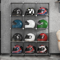 Metal Motorcycle Bike Helmet Display Rack with Wheels, Floor-Standing Stackable Grids Storage Bins,Commercial Football Baseball Rugby Hats Storage Cabinet,Wireless Cube Hat Organizer,for Shoes/Book