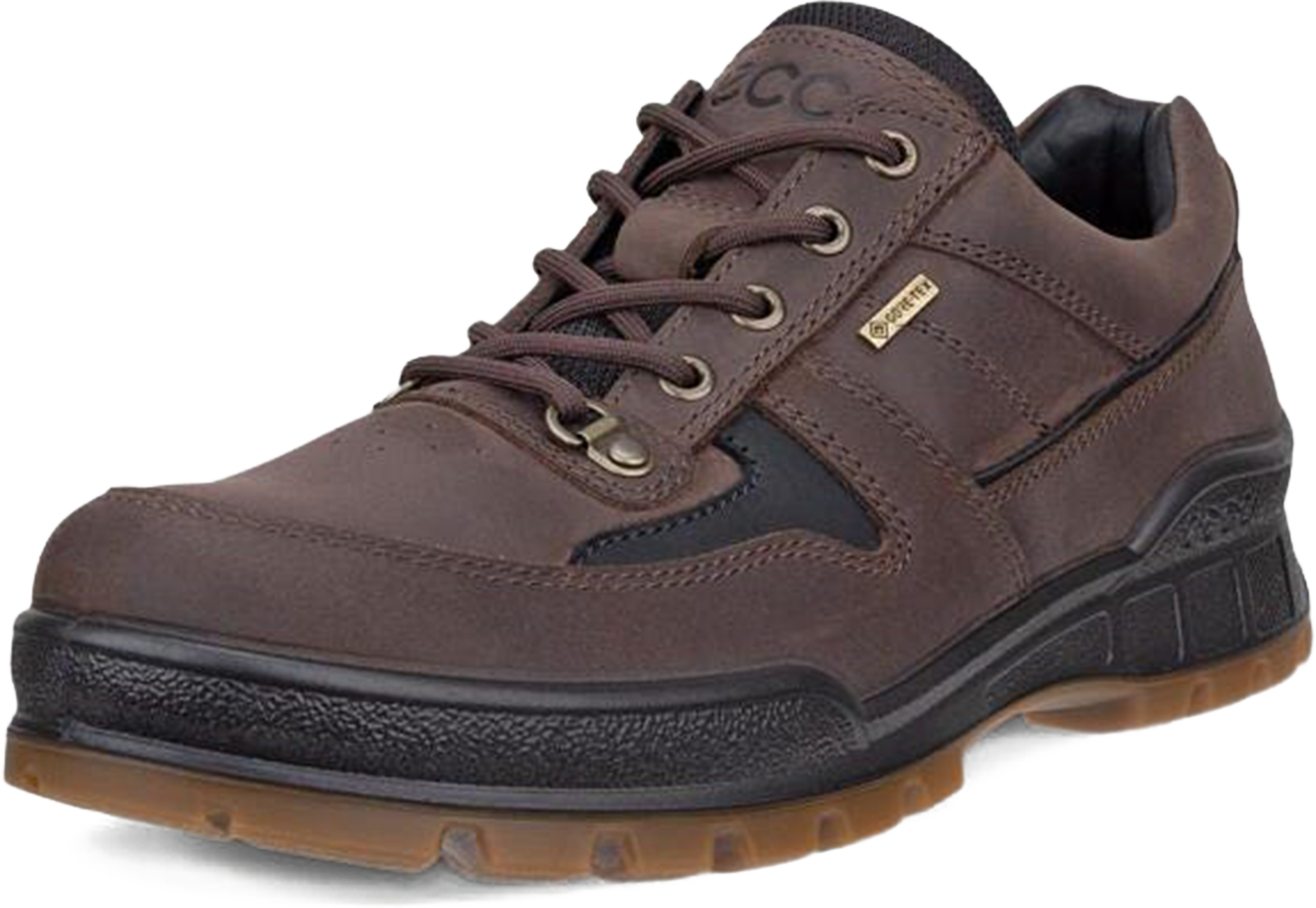 A dark brown leather lace-up shoe with black accents, a small gold-tone metal badge on the side, and a brown outsole, shown against a plain white background.