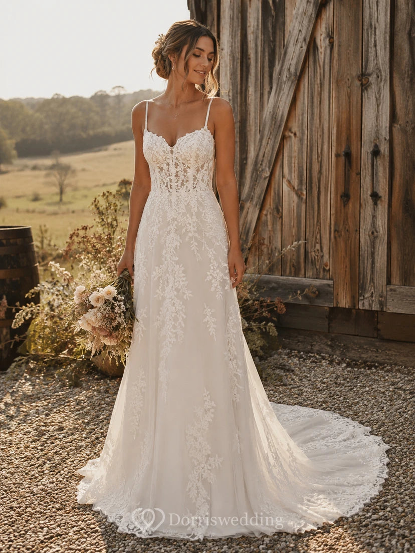 Boho Simple Lace Wedding Dress with Spaghetti Straps, Fitted Bodice & Soft Sheath Train