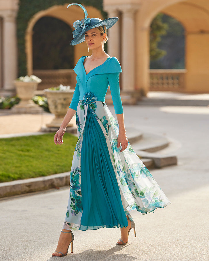 Jade Green Dress With Floral Pattern & Pleated Skirt