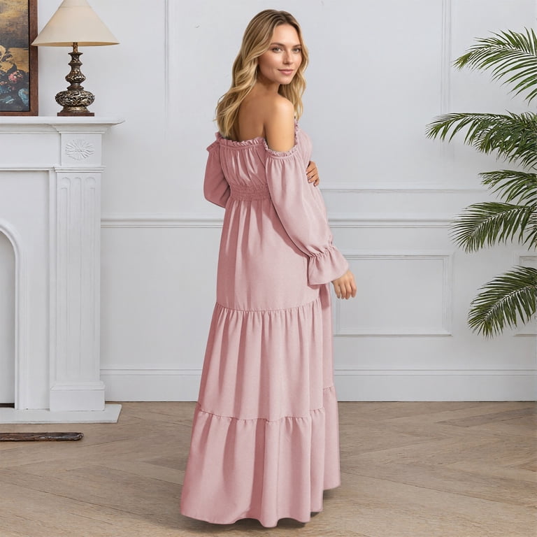 Gyujnb Lightweight Flowy Boho Maternity Tiered Maxi Dress Off Shoulder Ruffle Neck Long Bubble Flare Sleeve Smocked High Waist Elegant Gown for Pregnancy Photoshoot,L