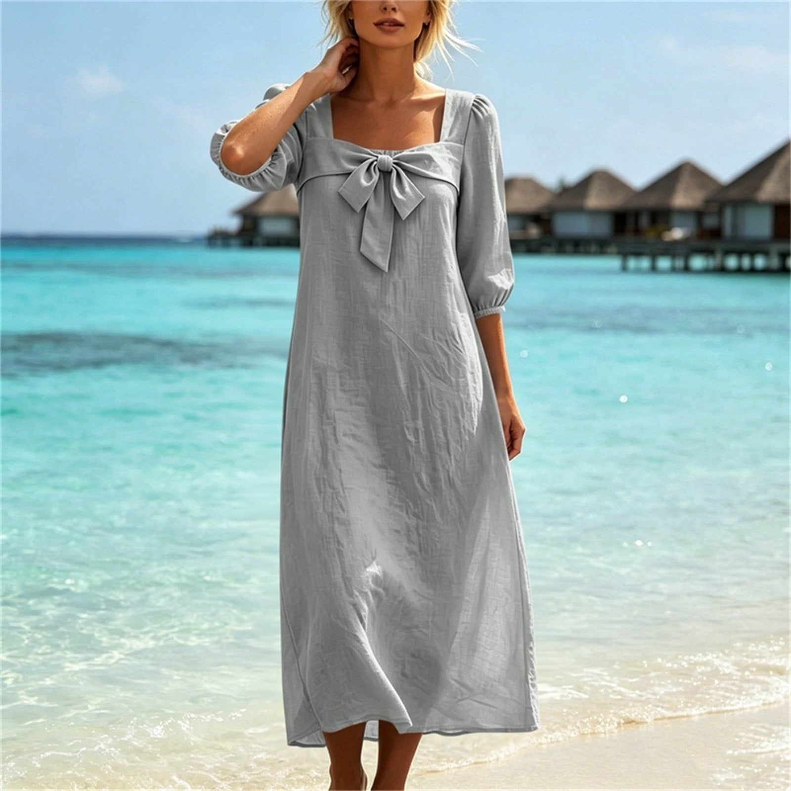 Bgstyu Women's Cotton Linen Beach Dress Summer Casual Long Dress 3/4 Sleeve Crew Neck Tie Front Maxi Dresses with Pockets