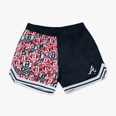 Navy youth shorts with "Atlanta Braves Sticker Court" design - front view
