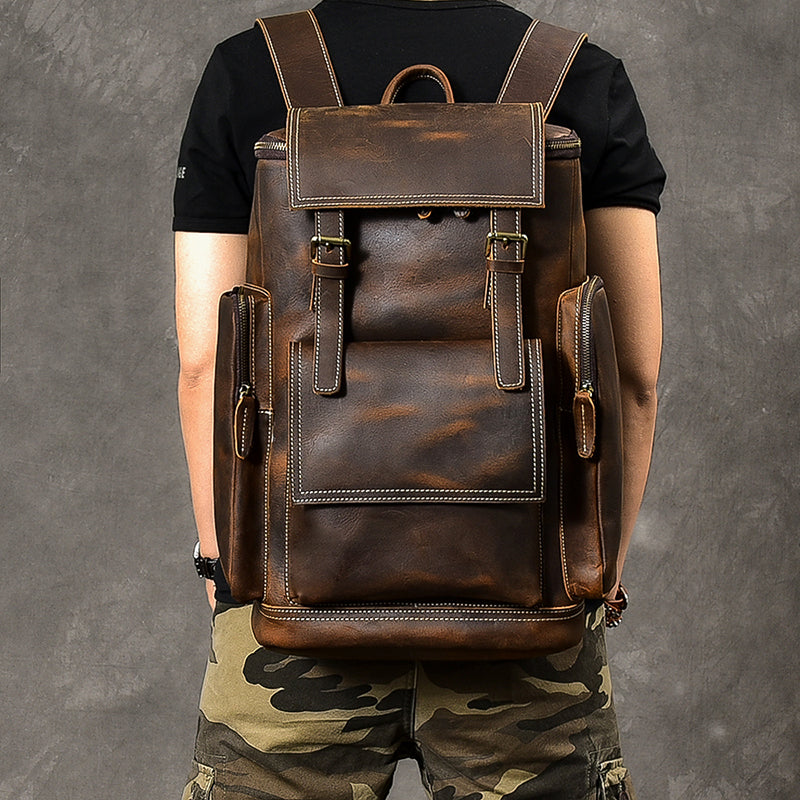 Crazy Horse Leather Men Backpack Vintage Laptop Backpack Travel Backpack ESS468 - ROCKCOWLEATHERSTUDIO