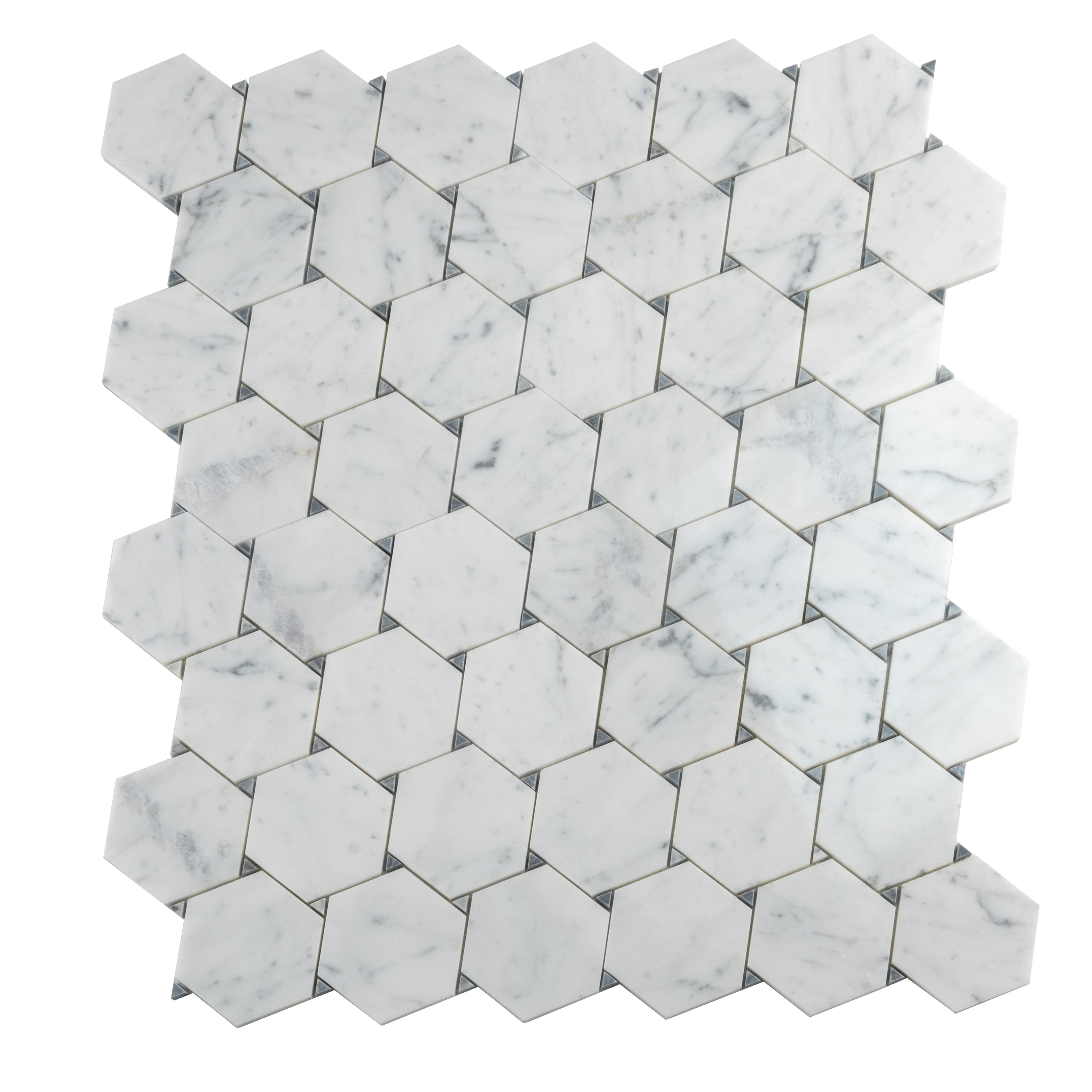 Polished hexagon Bianco Carrara Bardiglio white marble mosaic tile sheet with natural veining