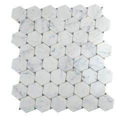 Polished hexagon Bianco Carrara Bardiglio white marble mosaic tile sheet with natural veining