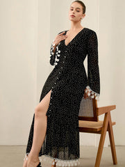 Twirl into sophistication with this stunning plus-size dress that celebrates your curves in all the right ways. The classic black and white polka dot pattern brings timeless charm, while delicate sheer fabric and intricate lace trim add an undeniably elegant touch. Perfect for date nights, special occasions, or whenever you want to feel absolutely fabulous. This versatile piece transitions seamlessly from day to evening, proving that style has no size limits. Embrace your inner fashionista and make a statem