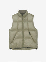 The Goldwin Pertex Quantum Down Vest in Oak Beige features a sleeveless design with lightweight insulation, a high collar, front zipper, and two zippered side pockets, shown against a plain white background.