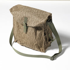 Raindrop camo gas mask pouch with front flap, buckle tabs, and shoulder strap