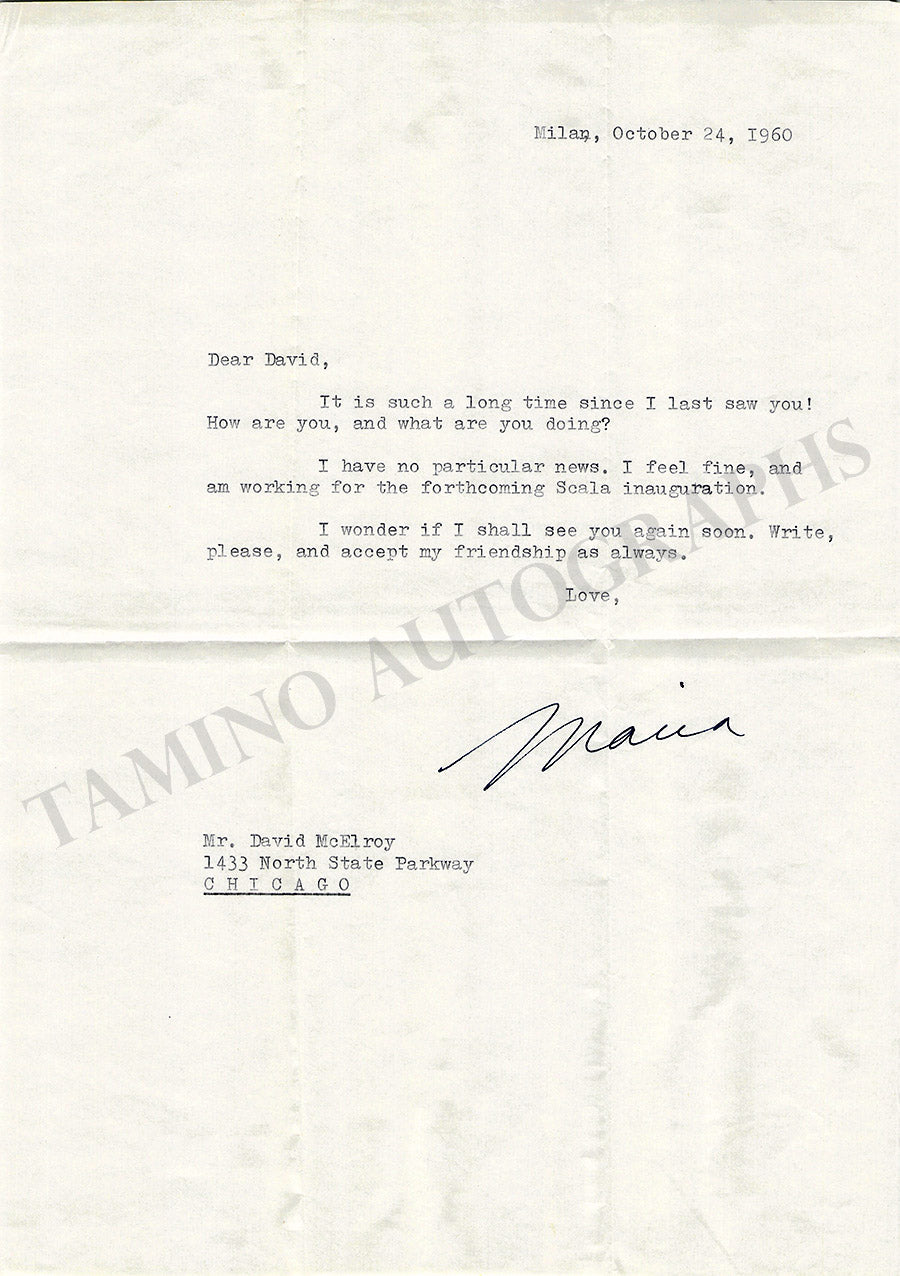 Callas, Maria - Typed Letter Signed 1960
