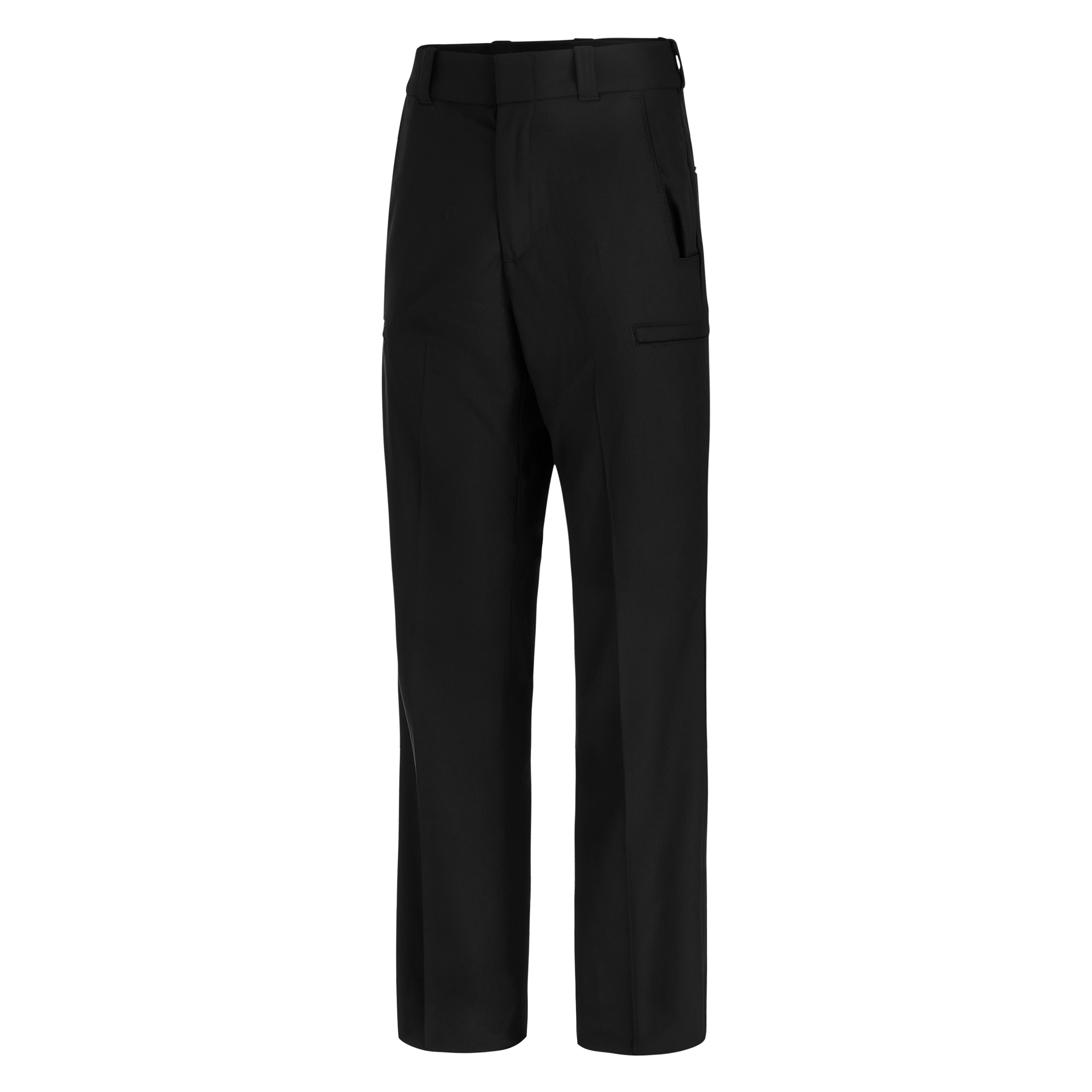 Product shot of black pants showing a flat front, subtle side pockets, and a clean tailored fit