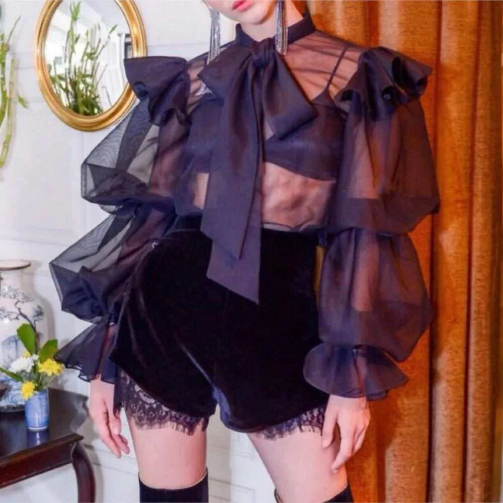 Lunivop Women Ruffles Shoulder Lantern Sleeve Blouse Pullover Loose Tops Fashion Tie Bow Collar Perspective Shirt