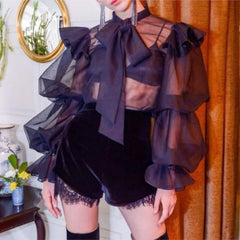 Lunivop Women Ruffles Shoulder Lantern Sleeve Blouse Pullover Loose Tops Fashion Tie Bow Collar Perspective Shirt