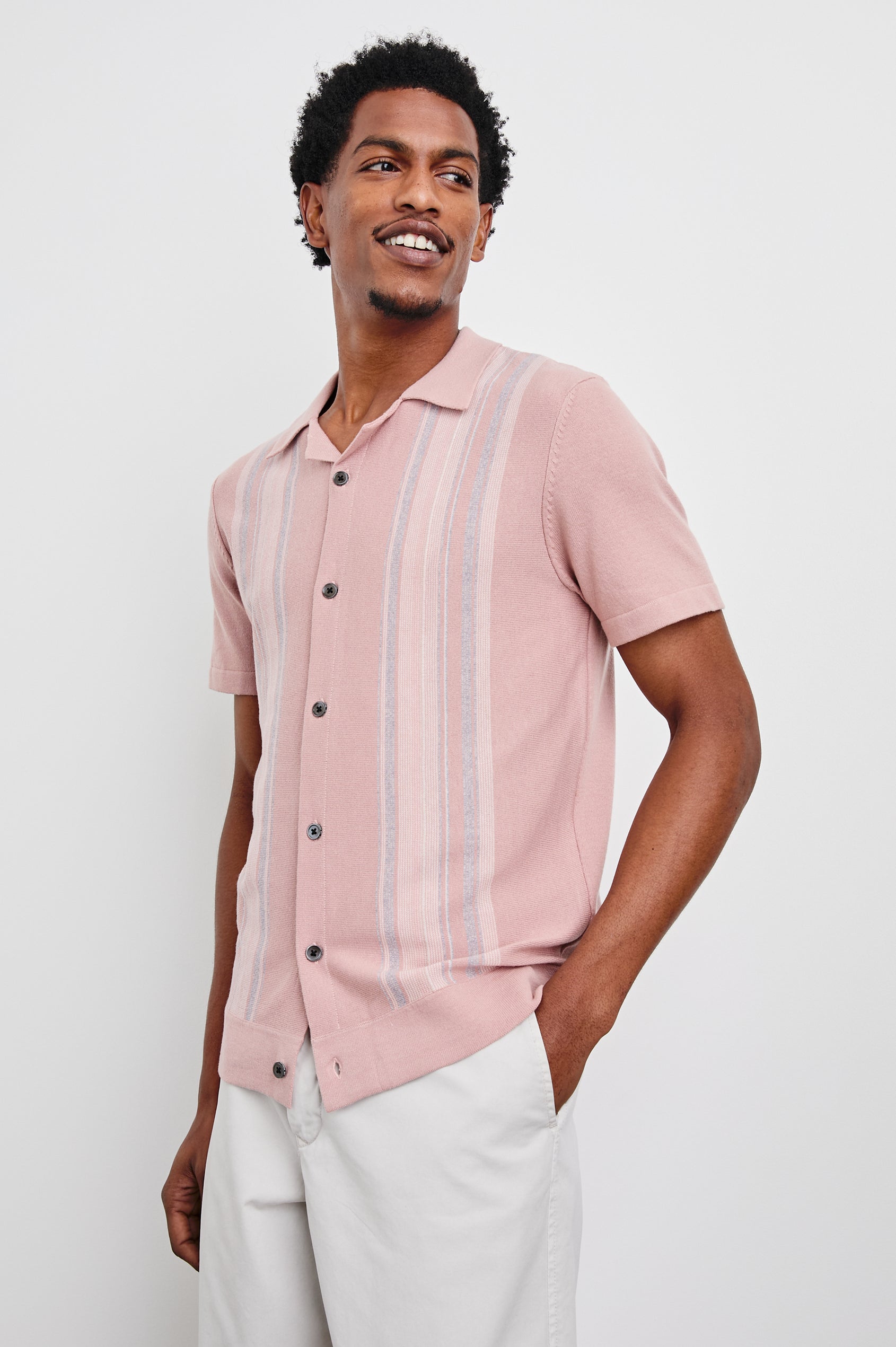Silas short sleeve knit shirt in muted rose with vertical stripes, Rails, curated Fredericksburg TX