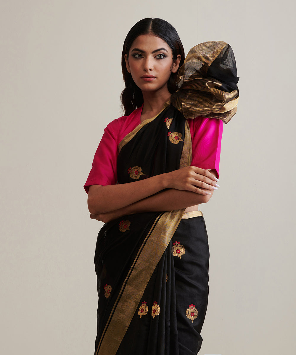 Black_Handloom_Pure_Chanderi_Silk_Saree_With_Meena_Booti_WeaverStory_01