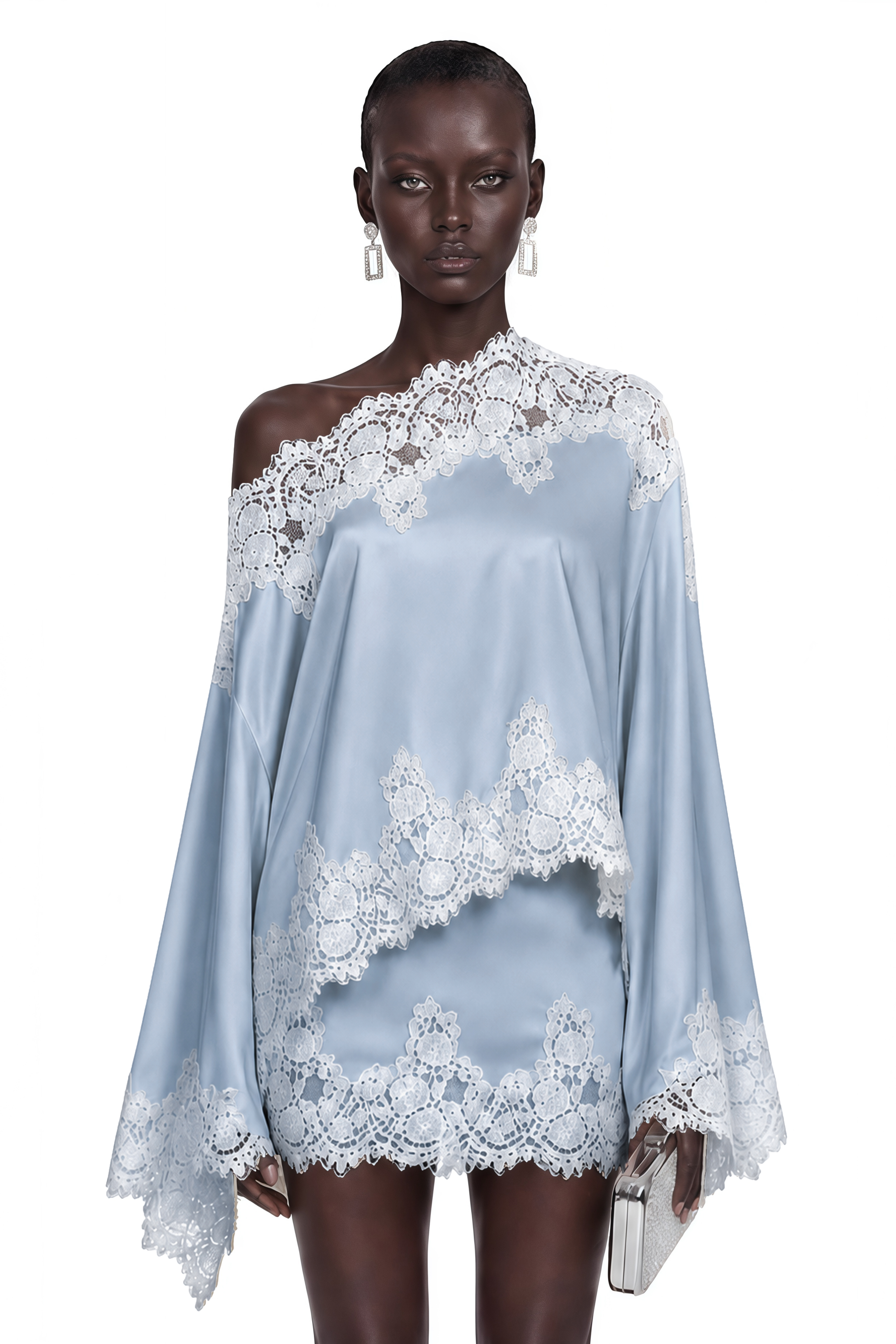 Sophia Blue One Shoulder Top & Skirt Set with Lace Trim