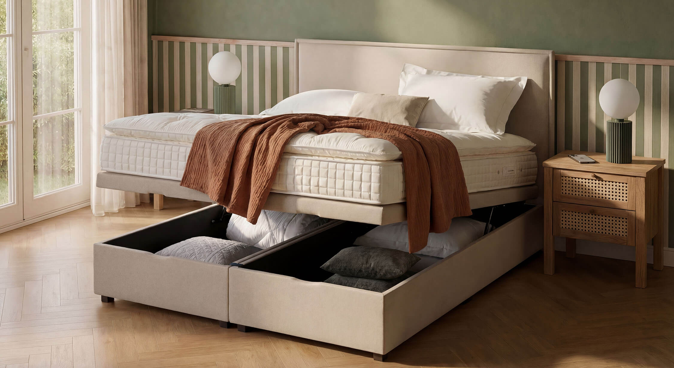 Lit coffre OUESSANT Luca Beige avec matelas haut de gamme et sommier, disposant d’un grand espace de rangement intégré, dans une chambre lumineuse et élégante.