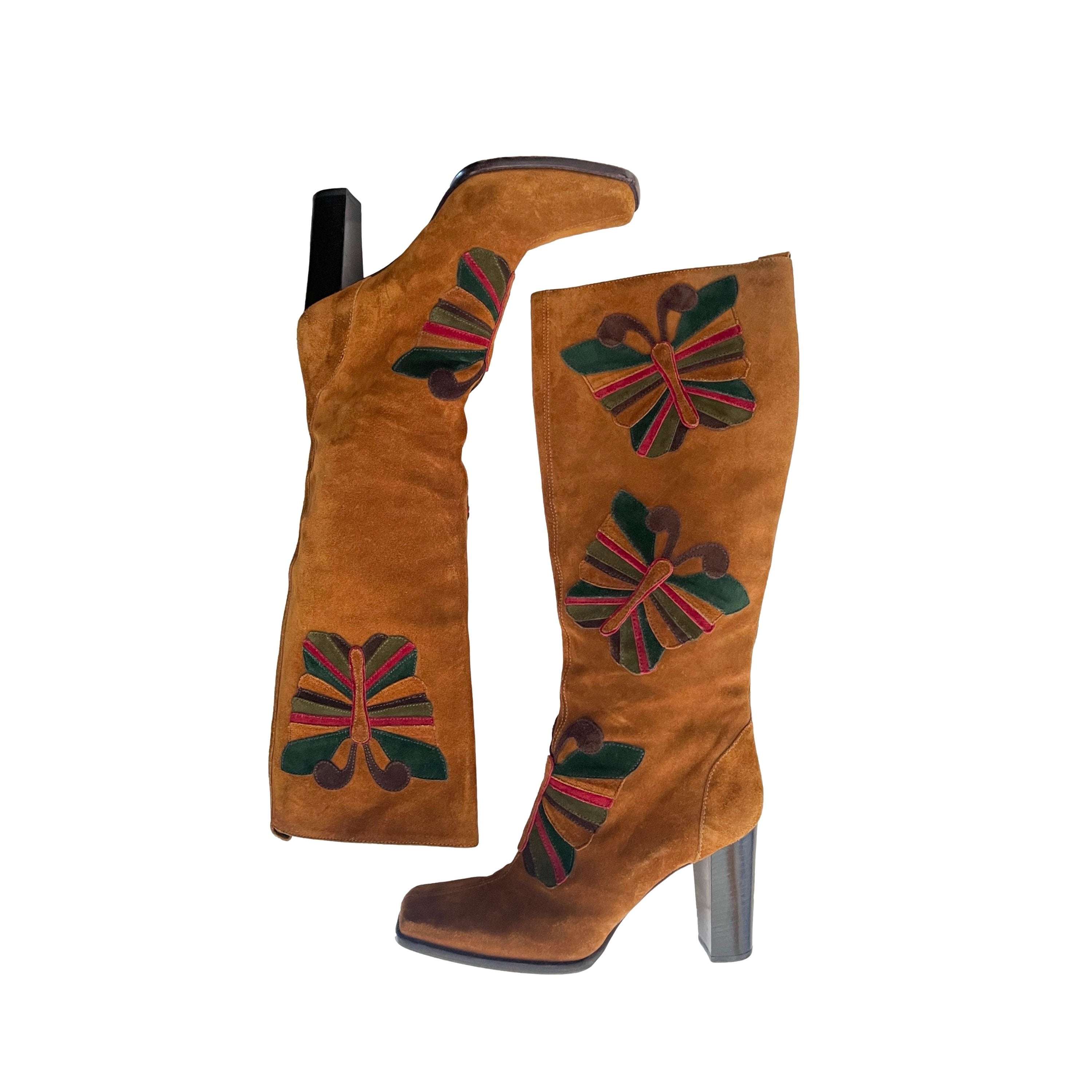 Dolce & Gabbana Camel Butterfly Suede Knee Boots - Shoes