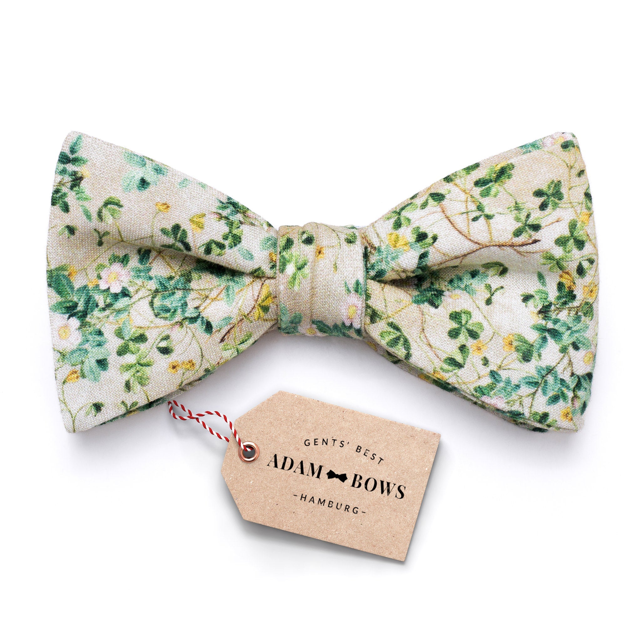 Blumenmuster Herrenfliege in Grün-Gelb "Noah" aus Leinen mit Logo-Etikett von Adam Bows