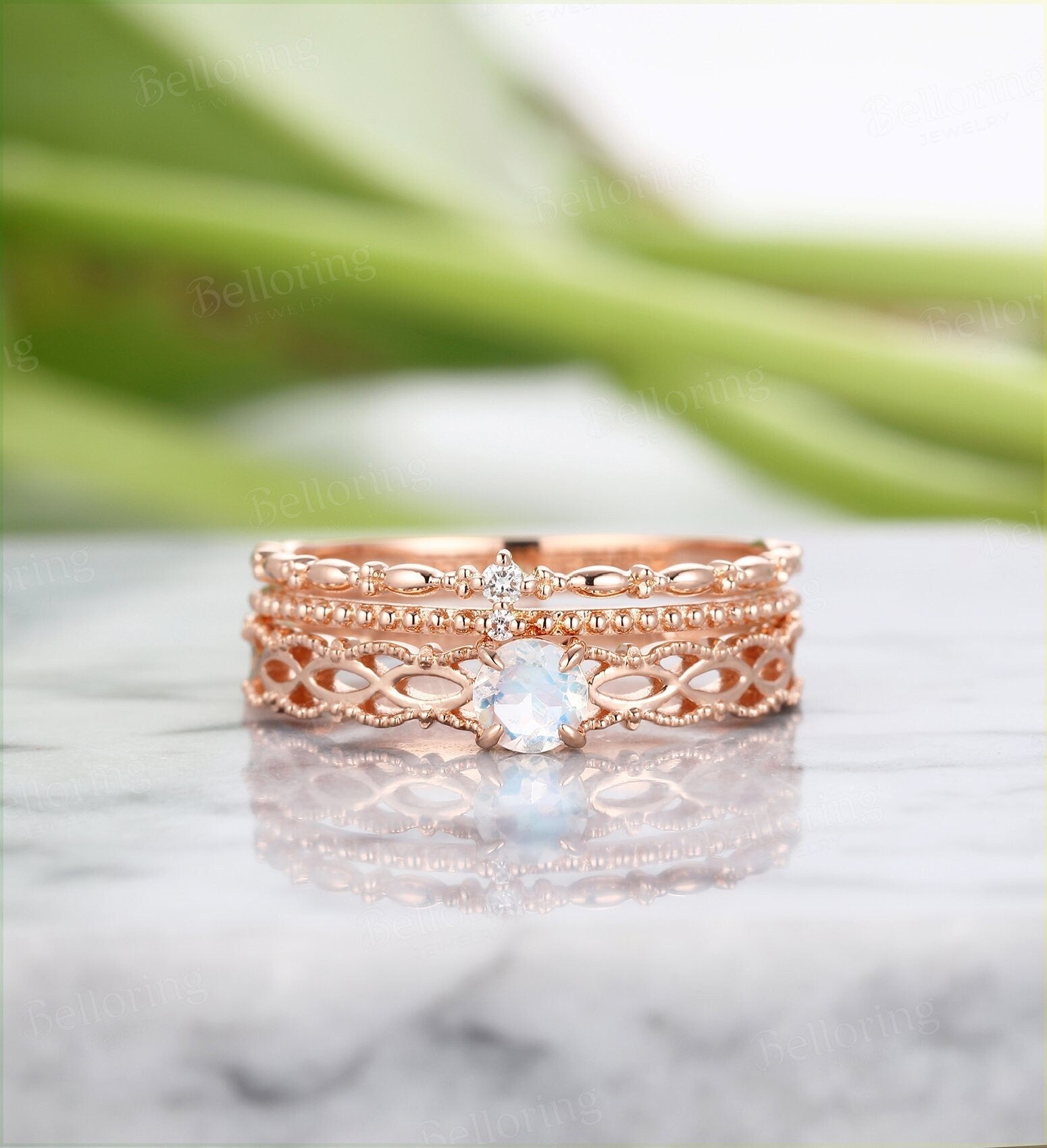 Moonstone engagement ring rose gold art deco engagement ring vintage wedding antique Delicate anniversary wedding ring bridal set