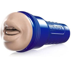 Masturbateur bouche Fleshlight Boost en etui bleu metallise, vue de l'orifice oral moule realiste reproduisant la fellation avec anneaux Turbo Tech flottants.