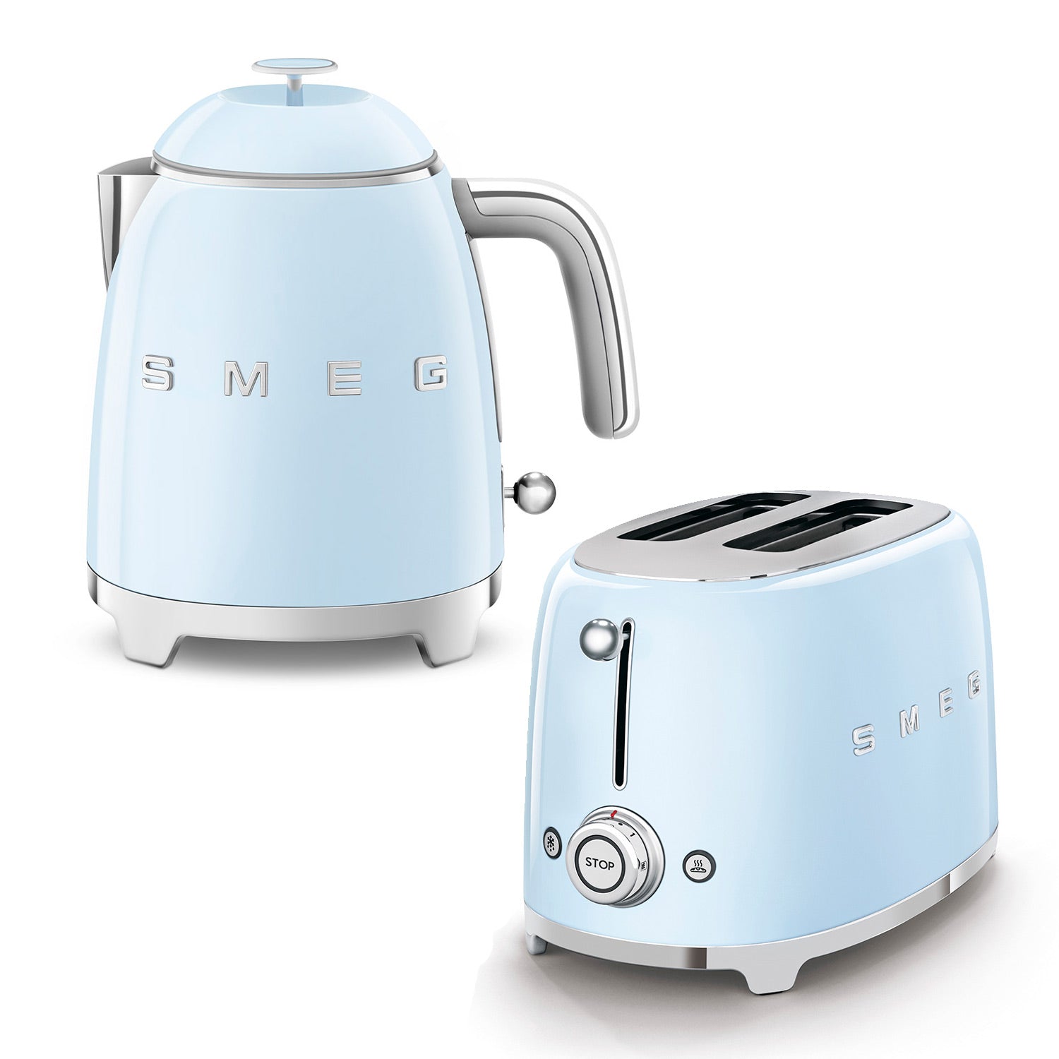 Smeg 2-Slice Toaster & Mini Kettle Set in Pastel Blue Kettle and Toaster Bundles Smeg