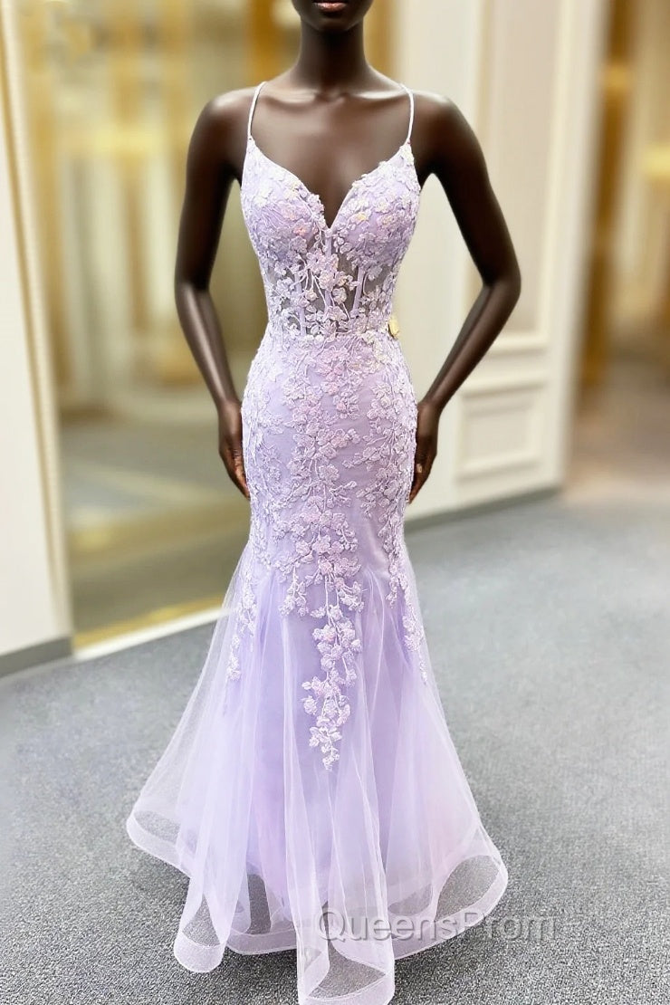 Lavender Spaghetti Straps Mermaid Evening Prom Dress With Appliques