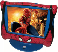 Marvel LCD1SP 15 inch Spider-Man lcd-televisie, rood en blauw, voorkant met Spider-Man op het scherm, tweedehands