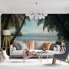 Papier peint bord de mer avec paysage tropical et vue sur l'océan pour salon moderne.