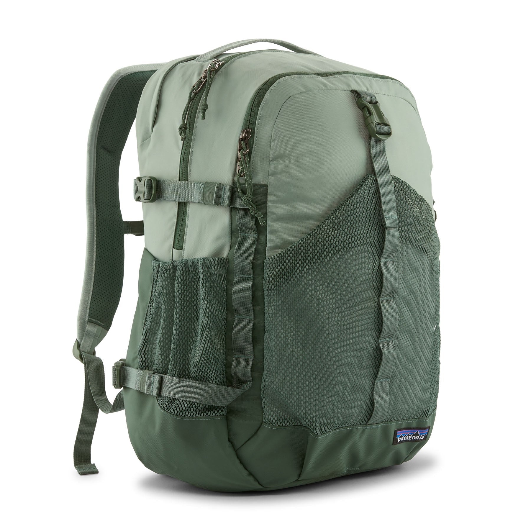 Patagonia Refugio Daypack 30L in Cover Green — front view with mesh side pocket and daisy chain