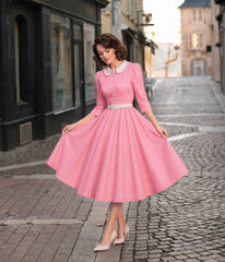 Pink & White Collared Three Quarter Sleeve Swing Dress - Unique Vintage - Womens, DRESSES, SWING