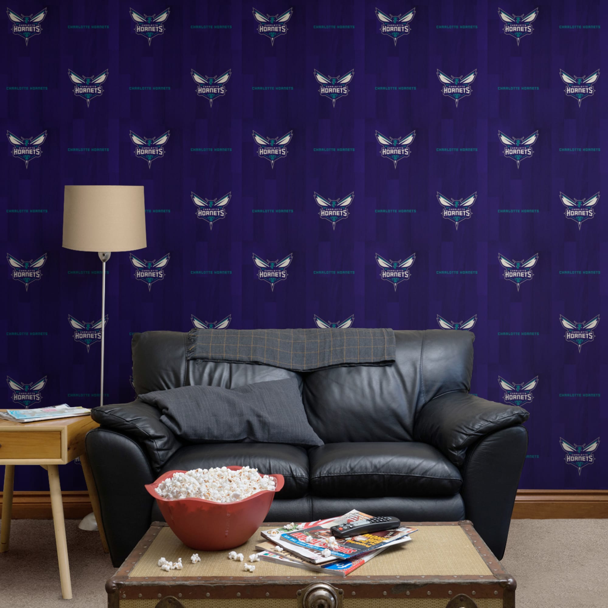 Charlotte Hornets (Purple) - Hardwood Pattern - Peel & Stick Wallpaper - Official NBA - Reusable Vinyl Wall Decals