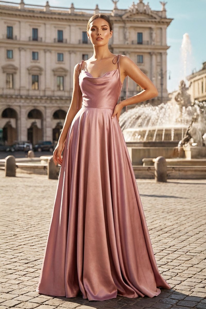 Pink Sweet A-line Cowl Neck Silk Long Prom Dress - KISSPROM PROM DRESSES