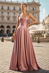 Pink Sweet A-line Cowl Neck Silk Long Prom Dress - KISSPROM PROM DRESSES
