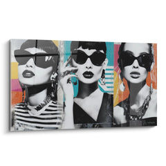 Tableau mural femmes glamour en noir et blanc avec lunettes de soleil et touches de couleur