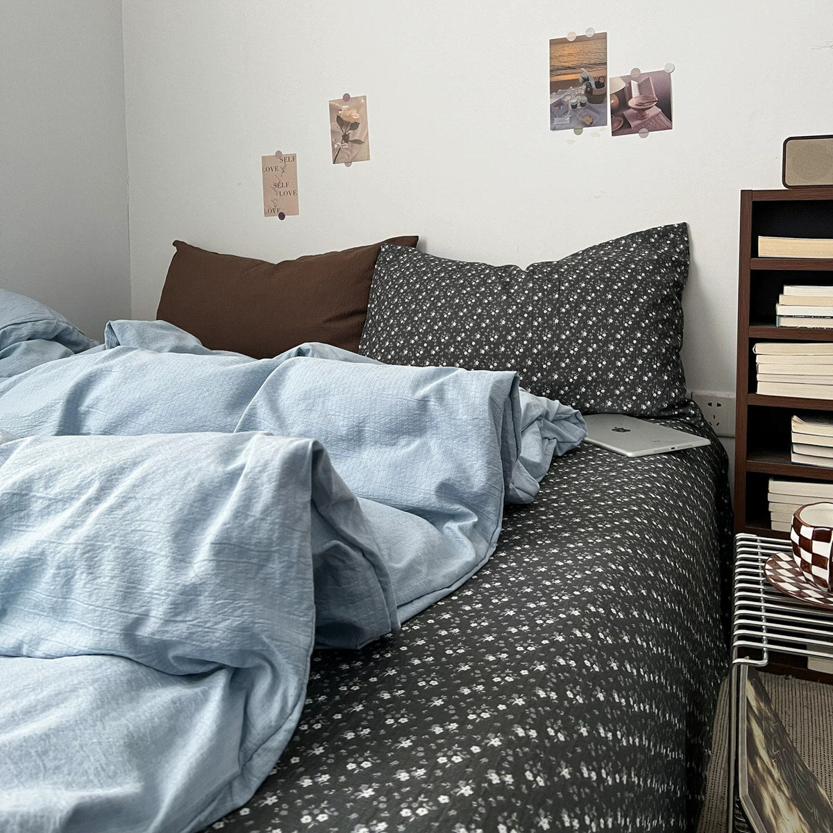 Dark academia bedding set with sky blue washed duvet cover and charcoal ditsy floral fitted sheet