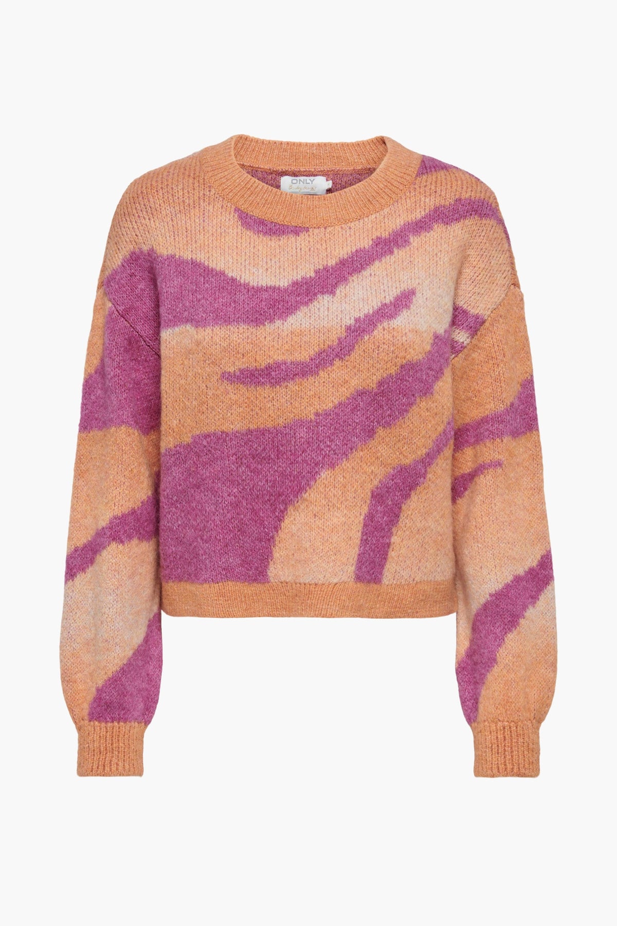 Pull tricoté violet avec motif zigzag orange et rose de ONLY, col rond, coupe courte