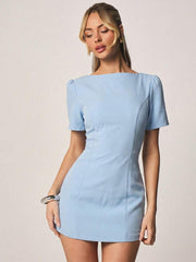 MISSGUIDED Structured Short Sleeve Boat Neck A-Line Mini Dress Office Chic Belted Spring Summer Work Daytime Wear Light Blue Elegant,L