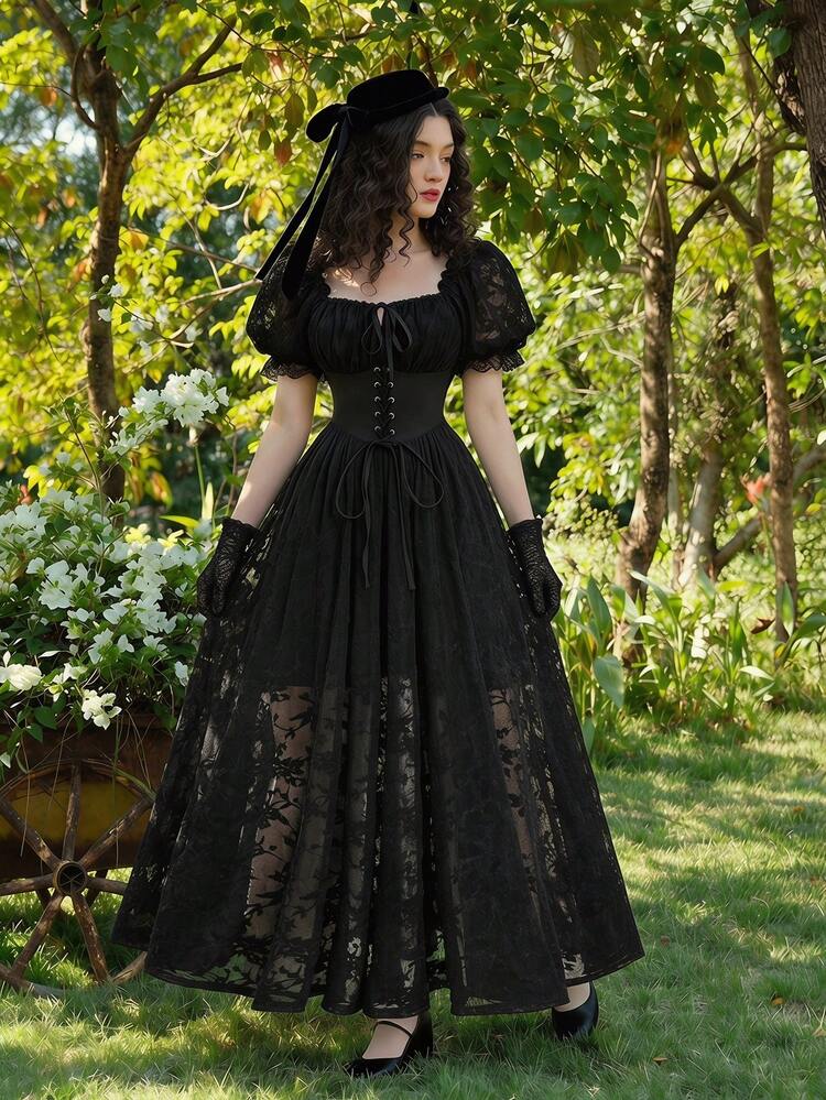 Skyraze Women's Vintage Elegant Gothic Black Lace Jacquard Long Dress,Black Floral,Summer,Goth,Tea Party Victorian Style Bubble Sleeve Outfits For Carnival