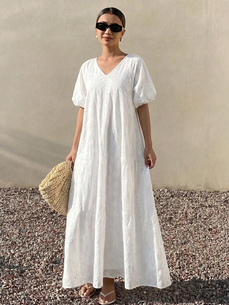 Livesso Spring Summer White Beach Lace Short Sleeve Hollow Out V-Neck Loose Women's Midi Dress Sundress Vacation